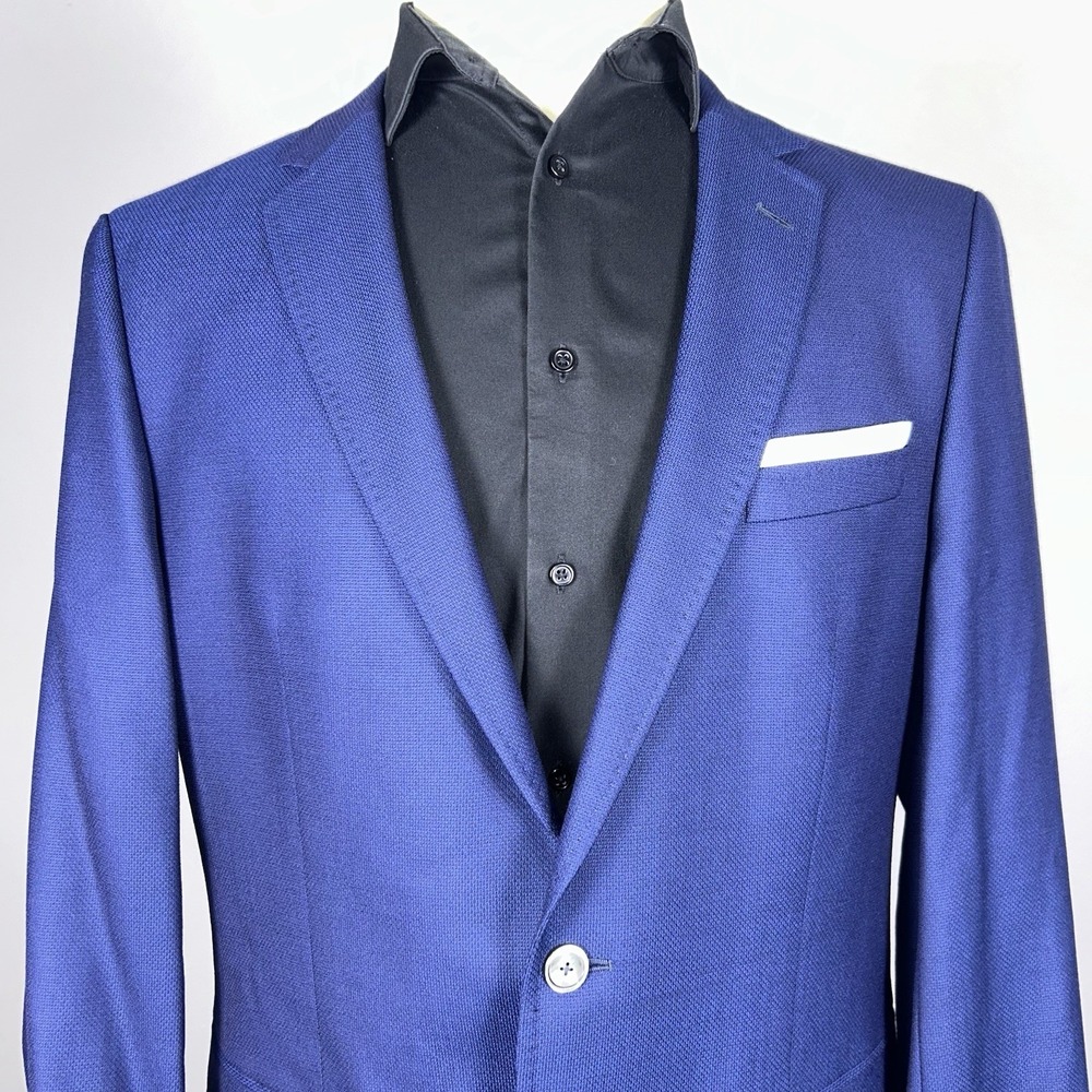 Hugo Boss Black Blue Melange Hopsack Virgin Wool Sport Coat Blazer 44R Fall